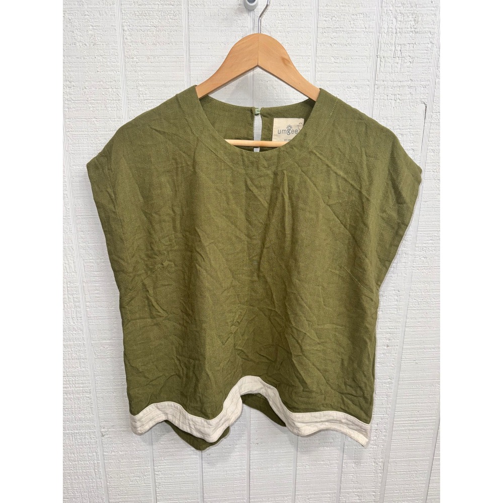Umgee Blouse Women Olive Green Linen Blend Scallop Hem Cap Sleeve NWT S